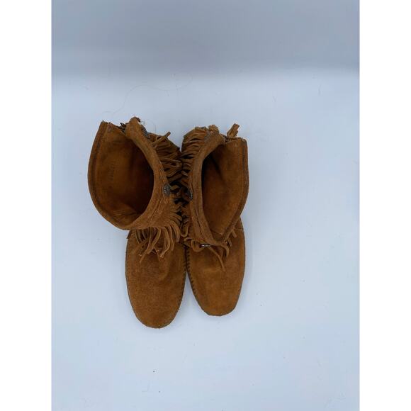Minnetonka Women’s Sz 9 Suede Fringe Ankle Moccasin Boots Brown Concho Braid Zip - Picture 6 of 7